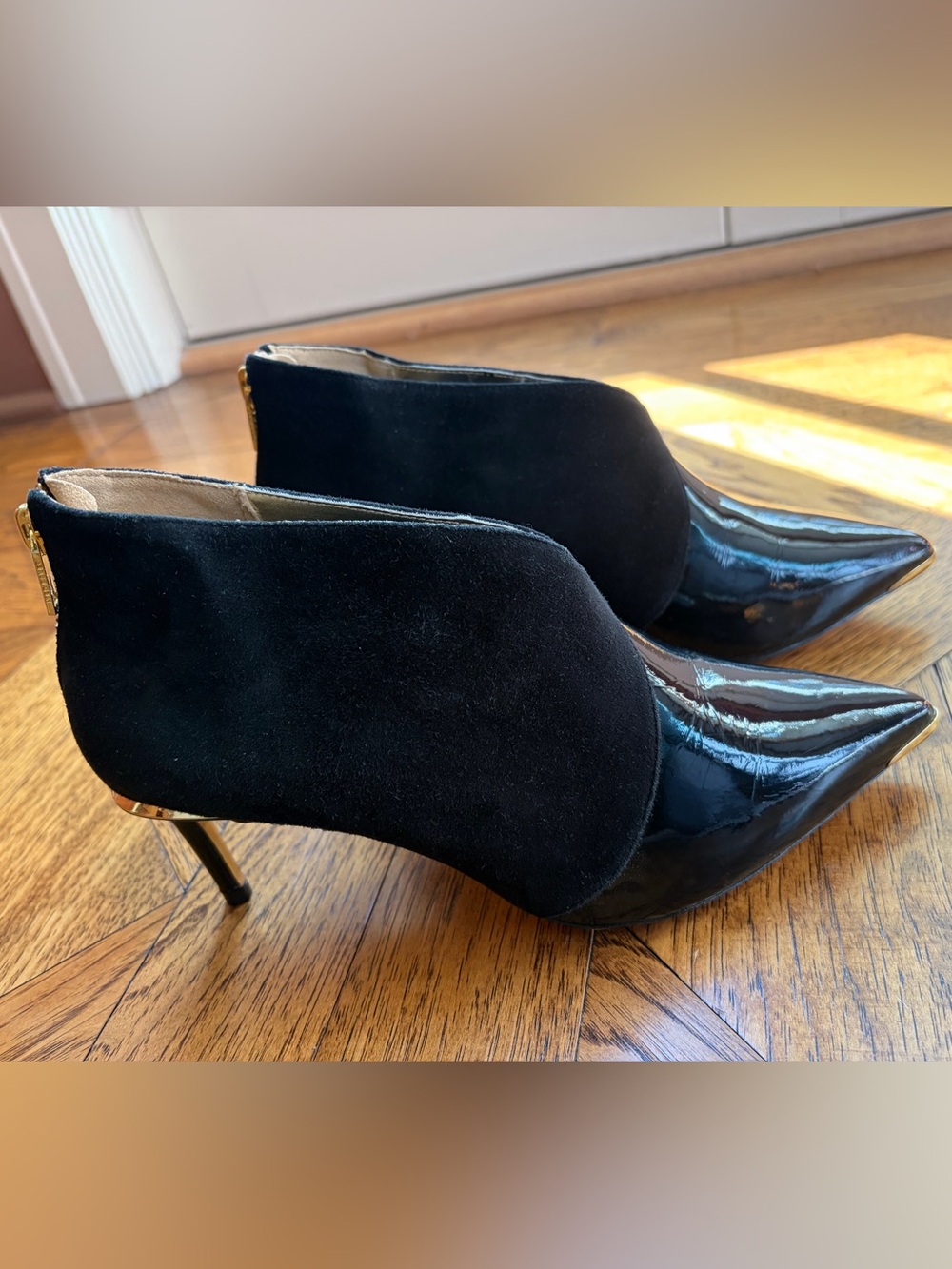 Ted Baker Black Suede and Patent Leather Ankle Booties